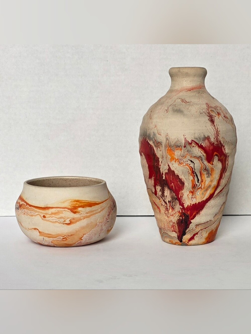 Nemadji Pottery Vases (2), Red, Orange, Black,